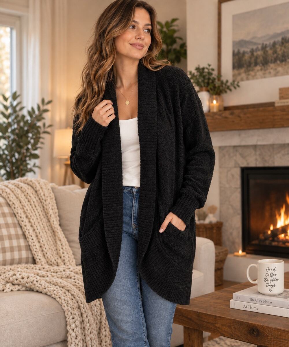Max & Mia Womens M Black Open Front Cardigan Shawl Collar Soft Cozy Pockets